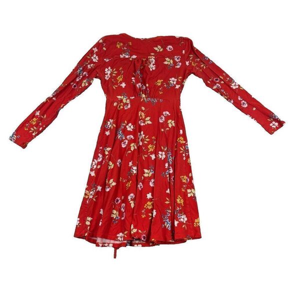 ASOS Midi Dress Womens 2 Fit & Flare Wrap Red Floral Long Sleeve V Neck - Picture 2 of 7